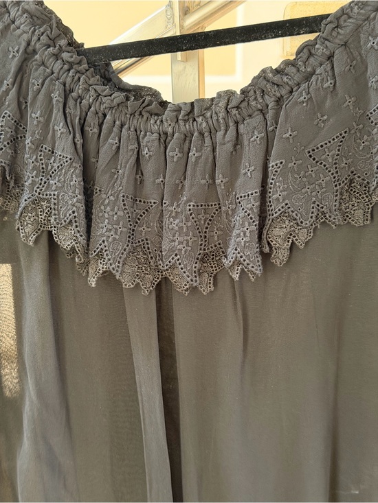 Ghost Tops - Vintage Ghost Black Off-Shoulder Lace Trim Sheer Blouse